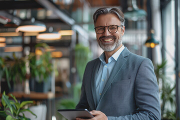 Fototapeta premium Happy businessman smiling with tablet, phone, and laptop inside the modern office.
