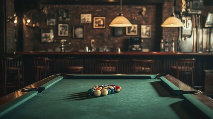 A billiard table in the bar with dim lighting, a stock photography photo, a dark room