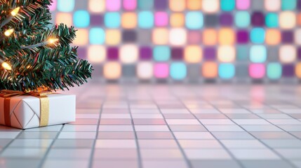 A cozy Christmas scene featuring a decorated tree and a gift against a colorful, illuminated background.