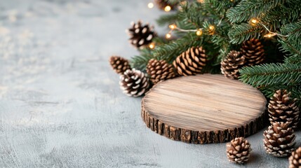 Naklejka premium A rustic wooden platform surrounded by pine cones and greenery, creating a festive atmosphere perfect for holiday decorations.
