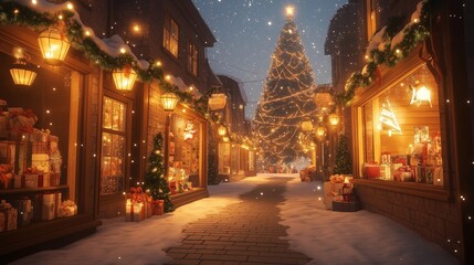 A Christmas village street lit by festive lanterns, with glowing garlands and snow falling softly from the sky. Shop windows display beautifully wrapped presents, and a massive Christmas tree 