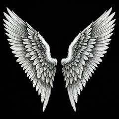 White angel wings on a black background. Black and white image.