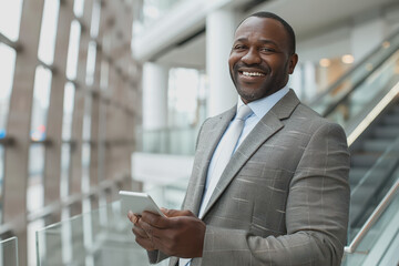 Fototapeta premium Happy businessman smiling with tablet, phone, and laptop inside the modern office.