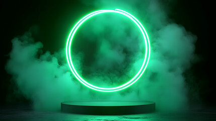 Neon Green Circle Light on Podium with Smoke