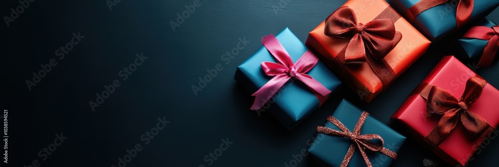 Aufkleber saturated gift boxes in vibrant colors are beautifully adorned with ribbons, creating an inviting di