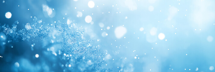 A close up view of snowflakes on a blue background. AI generation