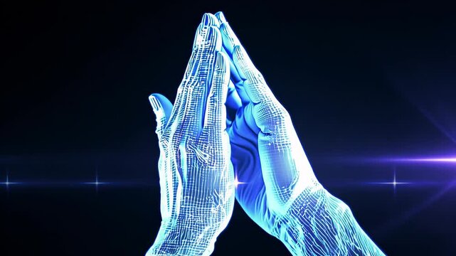 Digital hands forming a prayer-like gesture with bright blue light and dark background. video