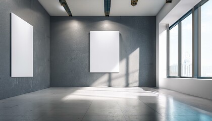 Bright concrete gallery interior with mock up place on walls and white windows. Museum room concept. 3D Rendering.