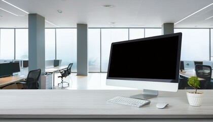 Clean office interior room with computer and blank