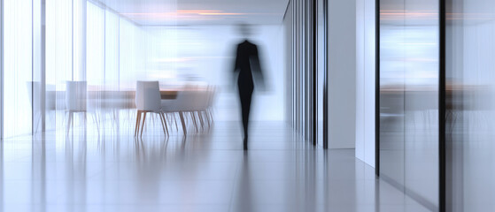 Dynamic Business Collaboration, Unidentified Professionals Engaged in Discussion, Sleek Office Environment, Motion Blur Enhancing Energy and Activity