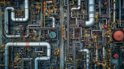 Aerial view of an oil and gas industry plant with fuel storage tanks, machinery for fuel production, and an energy technology concept. 