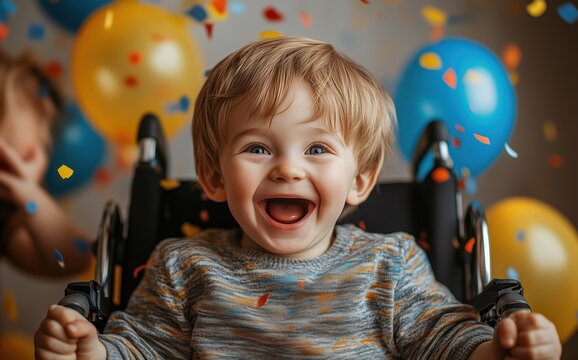 Joyful toddler celebrates with colorful balloons during a festive birthday party. Generative AI