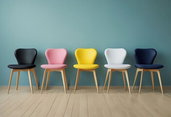 Obraz premium Five White Chairs in a Row, Job Vacancy, Searching for a New Job Recruitment. Generative Ai,best candidate search concept