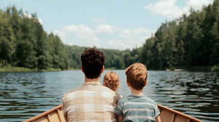 A Heartwarming Family Boat Ride on a Tranquil Lake Surrounded by Lush Greenery and Blue Skies. Happy Sunday Life Concept