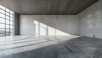 Contemporary concrete interior with sunlight and empty wall mockup place. Exhibition, art and advertisement concept. 3D Rendering.
