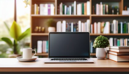 Contemporary laptop setup for online learning, with books and plant, library blur. 3D Rendering