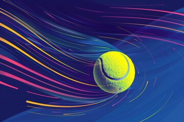A brightly colored tennis ball surrounded by dynamic neon streaks, set against a deep blue backdrop, capturing motion and energy in a modern, abstract style.
