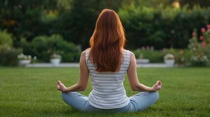 Embracing Inner Peace: A Woman Meditates in a Serene Garden, Cultivating Mindfulness and Calm. Happy Sunday Life Concept