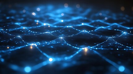 Obraz premium Abstract blue digital network with glowing nodes and lines, representing connectivity and data flow in a futuristic digital landscape.