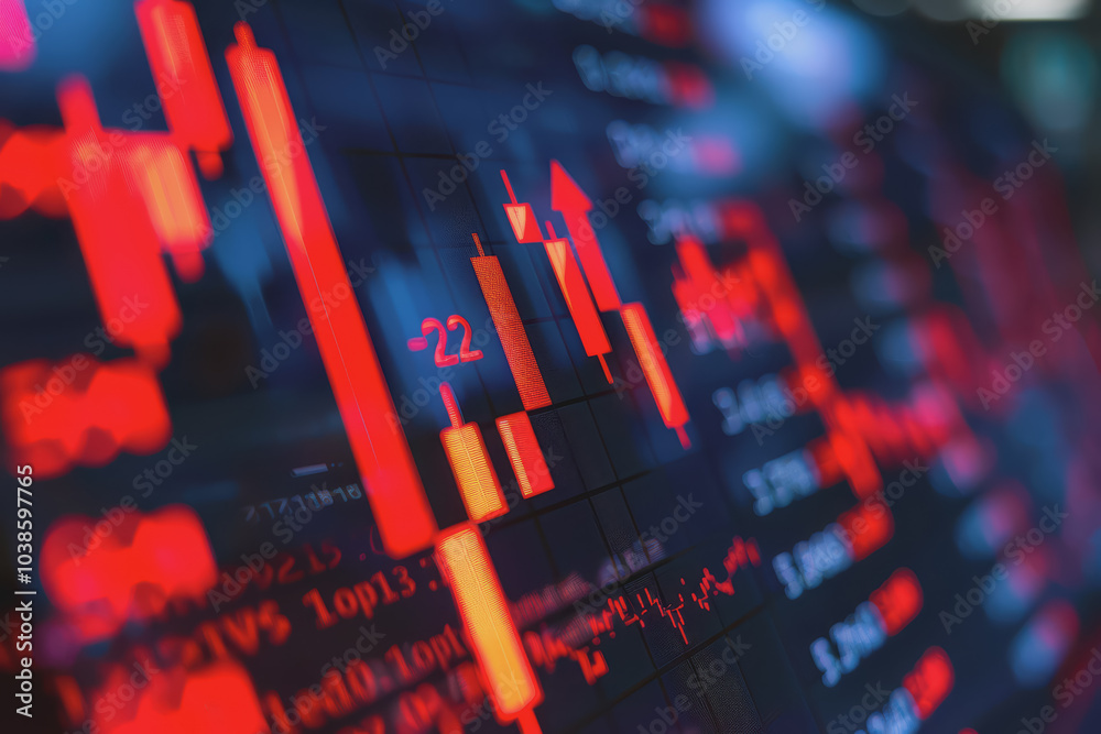 Poster The stock market shows an index graph with downward-pointing arrow signs indicating a slight decline