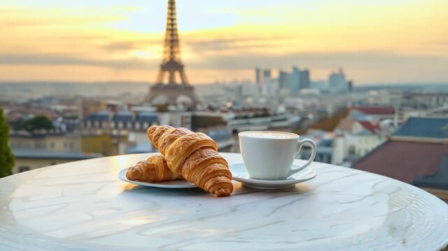 Slow motion capture of French breakfast with coffee and croissants overlooking iconic cityscape at sunrise