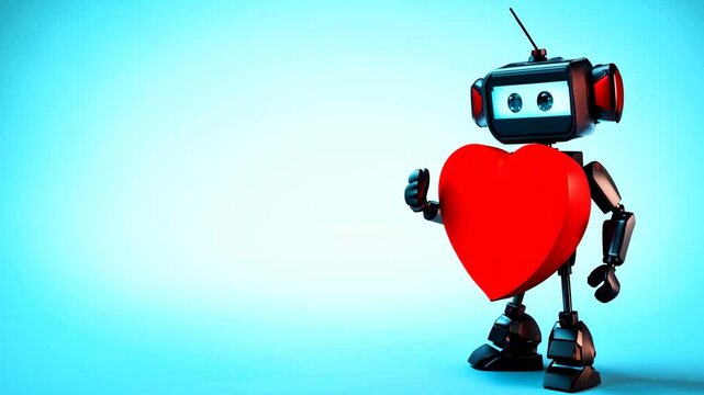 A robot holding a red heart. The robot is standing on a blue background. The robot is holding the heart in its right hand