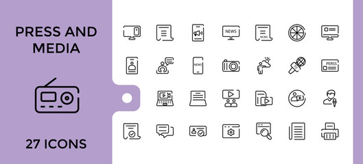 Line icons set about journalism. Collection of such icons as news, Press media, tv, radio, newspaper, digital media and journalist. Editable stroke. pixel perfect.