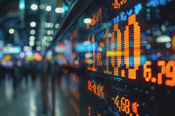 The stock market shows an index graph with downward-pointing arrow signs indicating a slight decline
