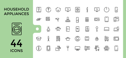 Household appliances line icons set. Collection of gas stove, kitchen hood, washing machine, dishwasher, cooker. Editable stroke. Pixel perfect.
