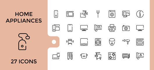 Home appliances line icons set. Collection of Household, gas stove, kitchen hood, washing machine, dishwasher, cooker. Editable stroke. Pixel perfect.