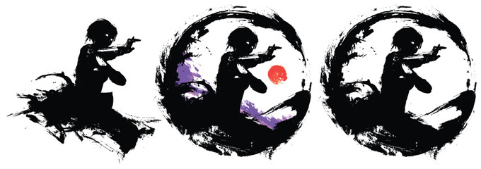A beautiful girl is a martial artist. She is a fighter with a square hairstyle in a fighting stance. It is surrounded by an ink circle of bold expressive strokes and blots. 2d art in oriental style.