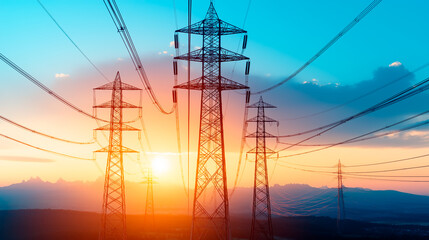 Fototapeta premium Electric Transmission Towers Overlocking a Vibrant Urban Landscape