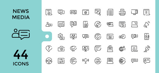 Line icons set about journalism. Collection of such icons as news, Press media, tv, radio, newspaper, digital media and journalist. Editable stroke. pixel perfect.