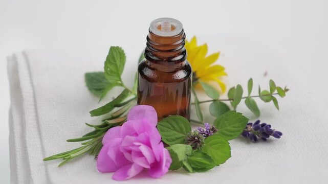 Rotating Essential oil of herbs and flowers in bottles. Selective focus. Nature.