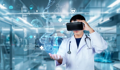 Doctor wearing VR glasses and lab coat holding at medical data while managing augmented reality technology and standing at laboratory with blurring background. Healthcare and innovation. Ingenuity.