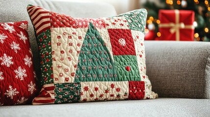 Obraz premium A cozy, festive pillow with a patchwork design featuring a Christmas tree, nestled on a sofa, complementing holiday decor.