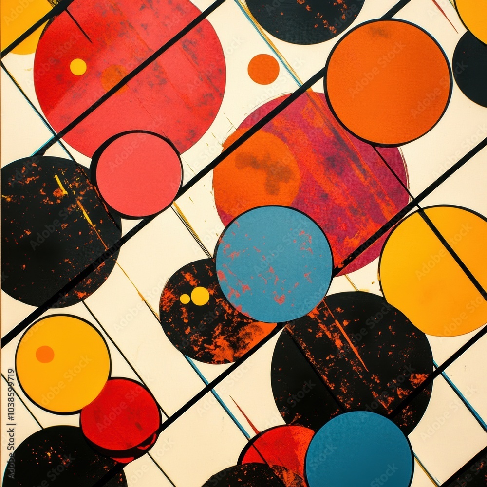 Aufkleber colorful circles of varying sizes are scattered across a dynamic diagonal grid, creating an engaging
