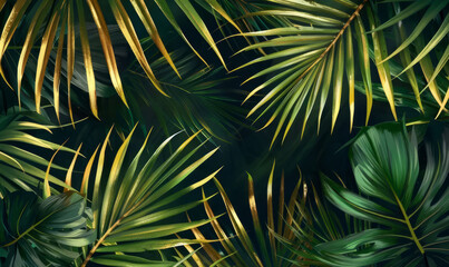 Green and gold tropical forest palm leaves background. Floral botanical jungle background. Houseplants and urban jungle concept with copy space. Rainforest backdrop for poster, banner, flyer. 