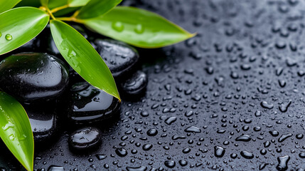 Basalt stones and fresh bamboo leaves rest together, adorned with water droplets, creating a peaceful atmosphere
