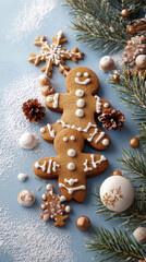 Gingerbread cookies decorated with icing are beautifully arranged on blue background, surrounded by festive elements like pine cones and snowflakes, evoking warm holiday spirit