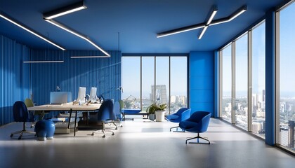 Modern blue coworking interior with partitions and panoramic windows with city view. 3D Rendering.