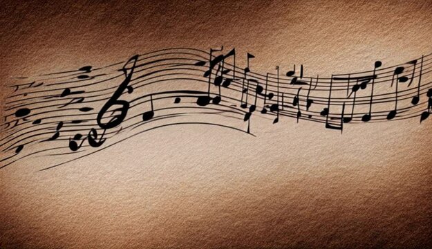 A musical note with a black stem is surrounded by a series of musical notes. Concept of harmony and rhythm