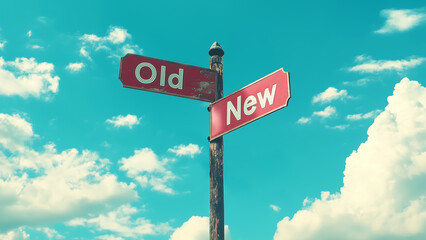 Fototapeta premium Old and new concepts. Road sign with “Old” and “New” labels on separate boards, extending from a single pole. For change, choice, or choose theme.