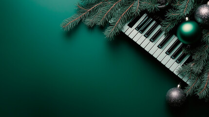 Festive Holiday Music Concept with Piano Keyboard, Christmas Tree Branches and Ornaments on Dark...