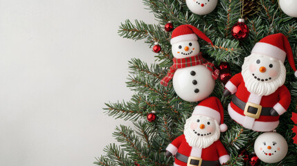 Festive Christmas tree adorned with snowman and Santa decorations, creating joyful atmosphere