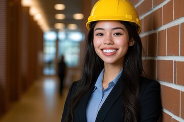 Smiling female model in business attire and construction helmet against a wall. Generative AI