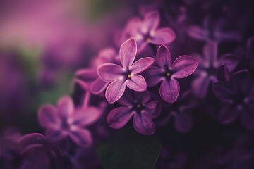 A close-up of delicate lilac blossoms, with their soft purple hues and intricate petals, set...