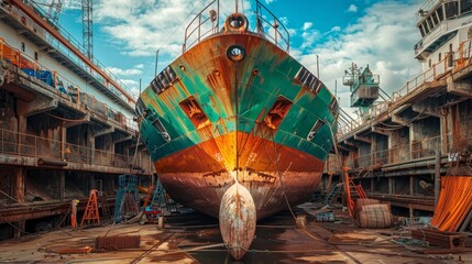 "Navigating Maintenance: The Art of Ship Repair in a Teal and Orange Dry Dock"