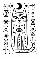 Adult colouring book page	Mystical Cat with Celestial Symbols Illustration  
