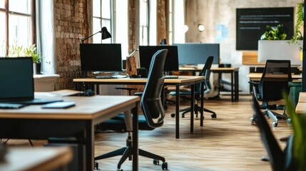 Fototapeta premium A stylish coworking space with modular desks and integrated video conferencing equipment, Flexible workspace theme, Contemporary style